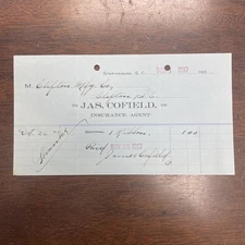 1907 Billhead Jas Cofield Ins Spartanburg South Carolina Clifton Mfg Clifton SC