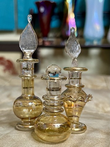 Set of 3 Vintage Hand-Blown Egyptian Glass Mini Perfume Bottles Gold Trim MINT
