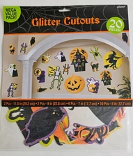 NIP 2014 AMSCAN PACK OF 20 HALLOWEEN GLITTER CUTOUTS Die Cuts CLASSIC RETRO
