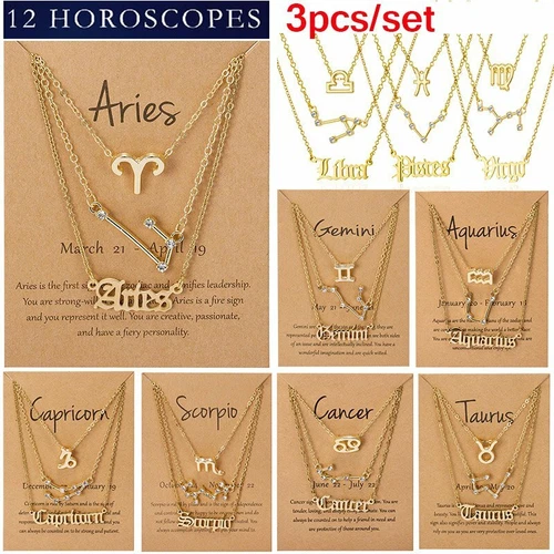 3Pcs/Set 12 Constellations Pendant Necklace Horoscopes Zodiac Women Choker - Picture 2 of 48