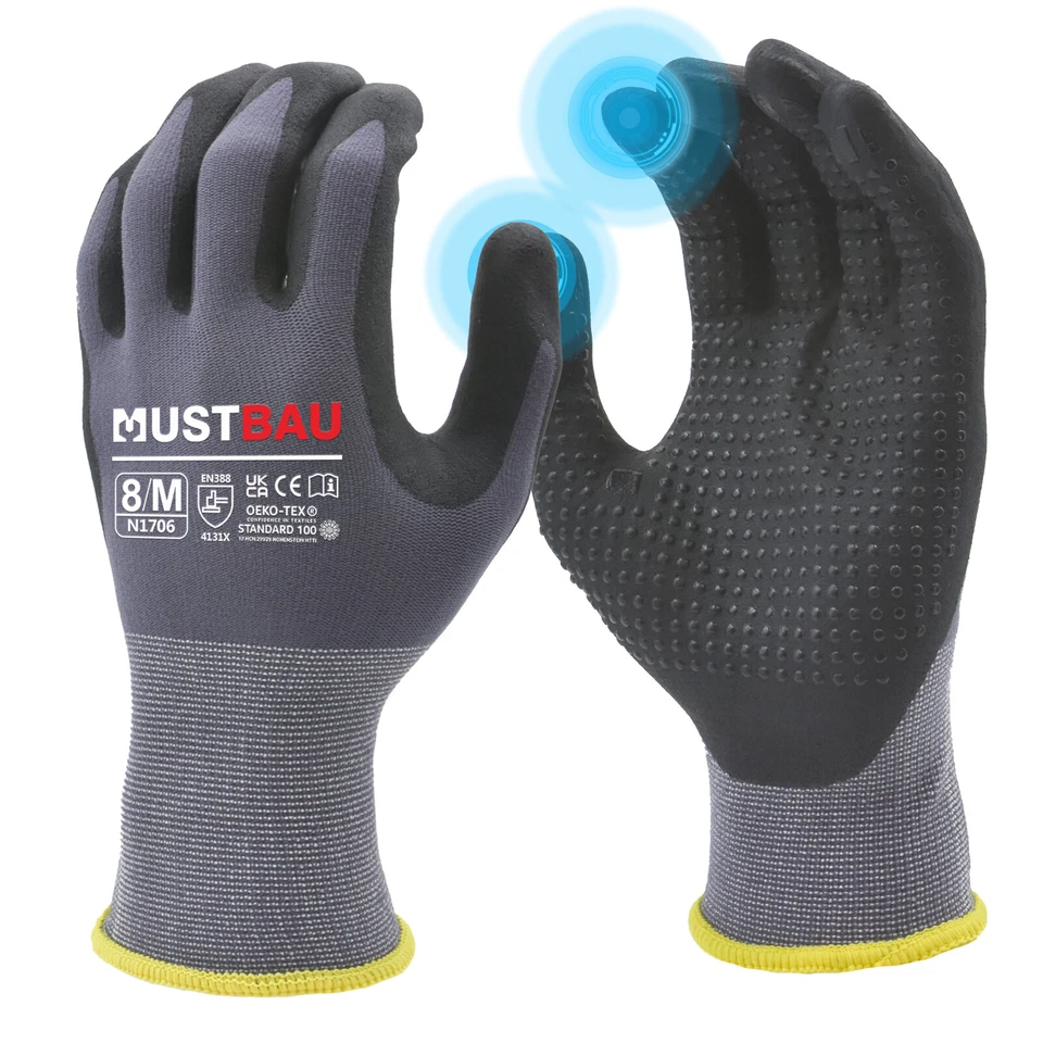 MUSTBAU Safety Work Gloves Breathable Nitrile Non-slip Grip Gloves Construction Garden