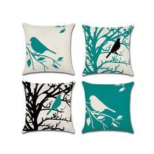 Set of 4 Pillow Covers 18x18, Bird Tree Branches Silhouette Design Linen Fabric