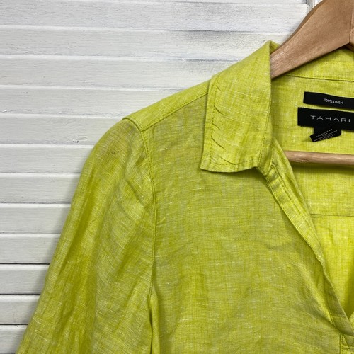 Tahari Linen Top Size Small Citrus Collared V Neck - Picture 2 of 7
