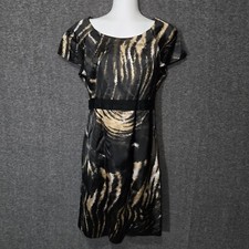 Tahari Sheath Dress Womens 8 Brown Gold Animal Print Knee Length Belted Satin