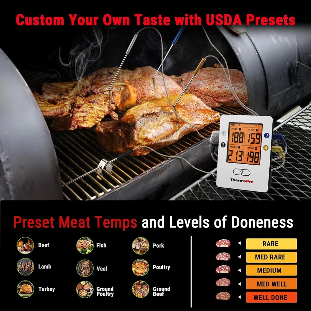 LCD Meat Thermometer with Smart Alarms & Temp Track Graph - Wireless Cooking Aid LCD Meat Thermometer with Smart Alarms & Temp Track Graph - Wireless Cooking Aid