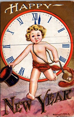Happy New Year Baby with Top Hat EMBOSSED ©1908 Not Posted
