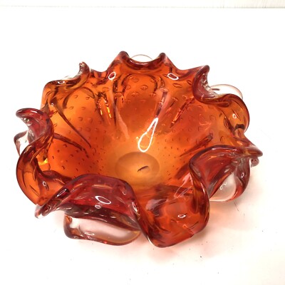 Vintage Murano Glass Bowl Ashtray Amberina Flower Ruffled Wave 8  *