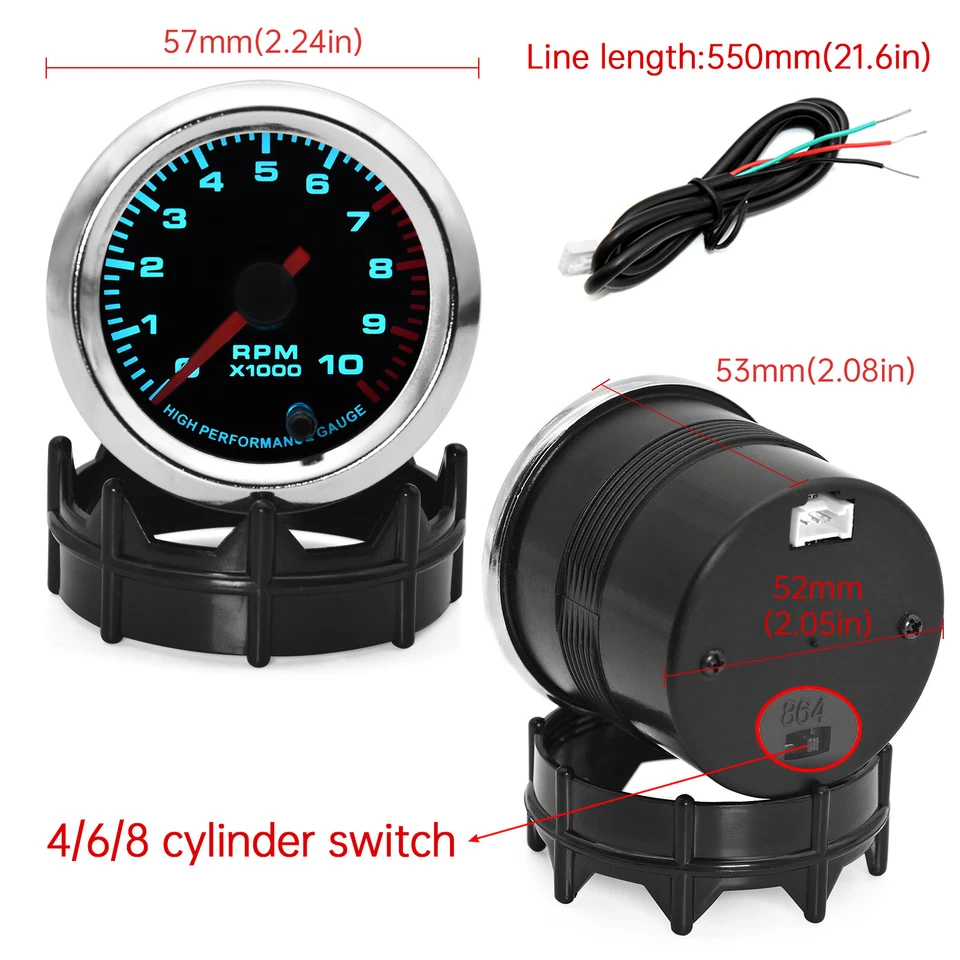 2" 52mm Universal Coche Tacómetro Calibre Velocímetro Medidor RPM 0~10000RPM 7 Colores LED Foto 4 de 4