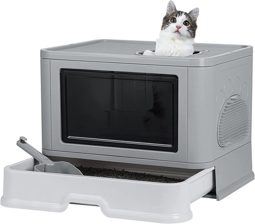Foldable Cat Litter Box with Lid Cover Enclosed Drawer Kitty Litter Pan Front