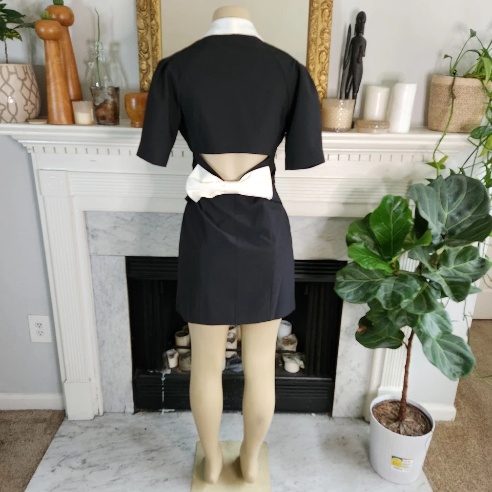 复古 80 年代黑色西装外套连衣裙白色蝴蝶结镂空办公室警报器 Corpcore 尺寸 S — 第 4/4 张图片