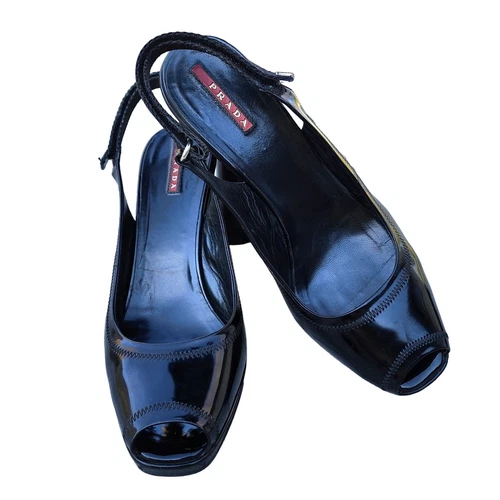 Talons compensés Prada sport noir cuir verni bout ouvert 41