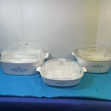 3 Vintage Corning Ware Blue Cornflower Casserole Dish Lot w Lids 4 qt 2.5 qt. 9”