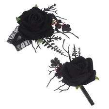 Dark Floral Black Wristlet Corsage and Boutonniere Set for Wedding Celebrations