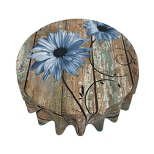 Giwawa Rustic Daisy Round Tablecloth 60 Inch Vintage Blue Sunflowers Wooden Boar