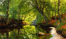Dream-art Oil painting Peder Mørk Mønsted - Forest Stream nice summer view