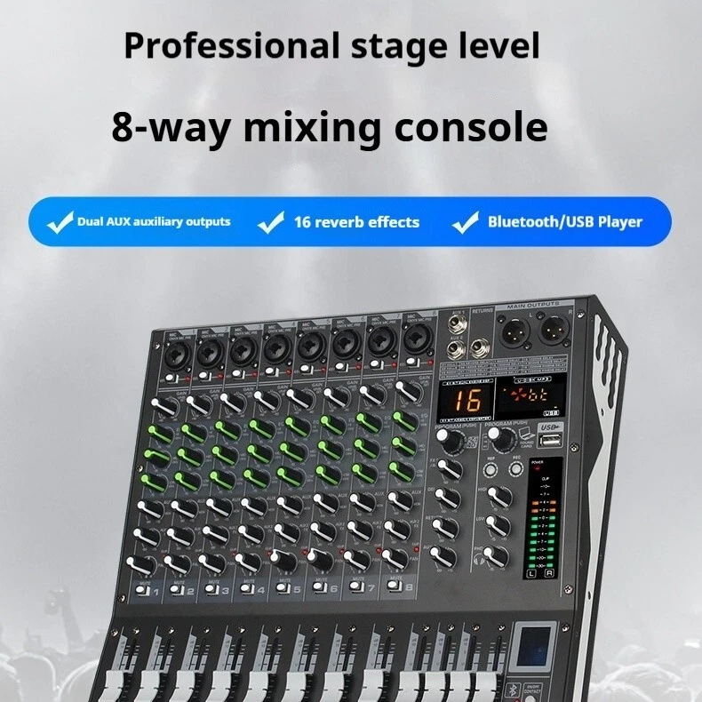 JIY 8 Channel Audio Mixer Bluetooth Sound Console Stereo DJ Live Mixing USB AUX - Image 2 of 4
