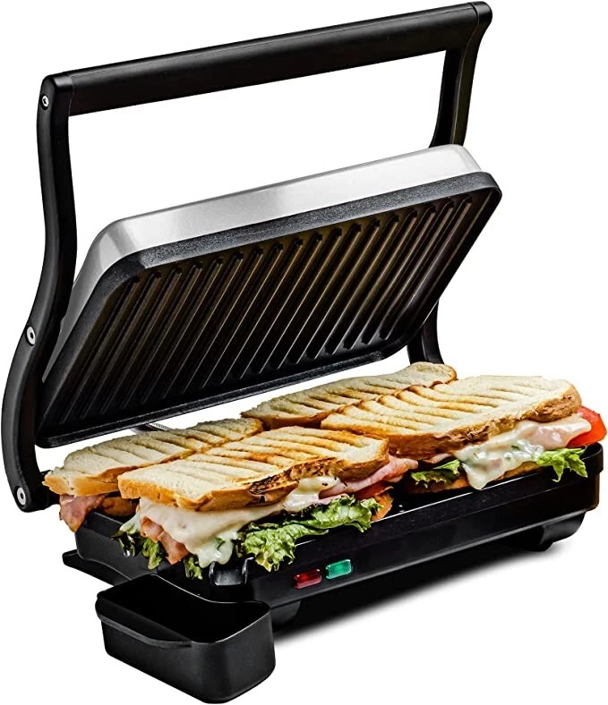 Panini Press Grill Stainless Steel Sandwich Plates Drip Tray Maker w/ Non-Stick