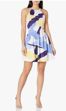 VINCE CAMUTO Abstract Print Halter Fit and Flare Shades Of Blue Scuba Dress 10