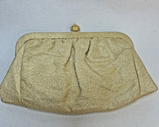 Vintage Gold Lame Mid-Century Evening Bag Clutch Crown Clasp Black Inner Lining