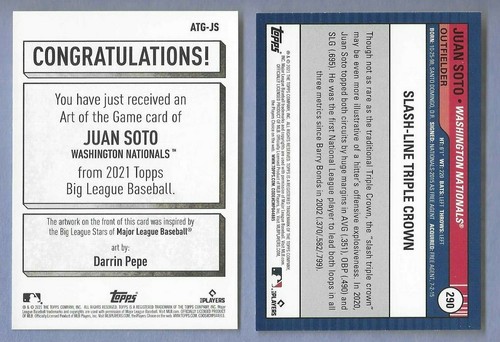 2022 Topps Big Leauge Juan Soto arte del juego ATG-JS y tarjeta base de bonificación 290 - Imagen 2 de 2