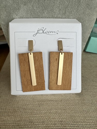 JBloom Design Fashion Jewelry Lawrence Rectangle Wood Gold Drop Dangle Earrings - Picture 3 of 6