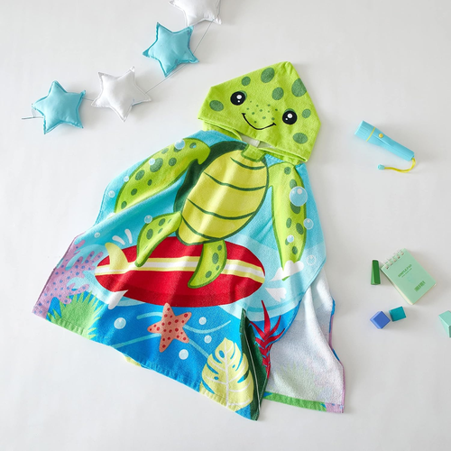 Turtle Hooded Beach and Bath Towel Poncho for Kids, Green Large - Picture 6 of 7