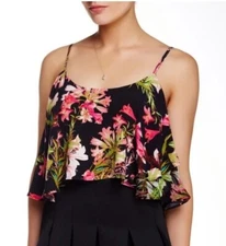 Lovers+Friends Crop Tank M Black Pink Floral Frilly Bandaeu Coquette Ruffle NWT