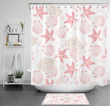 Ocean Pink Seashell and Starfish Coastal Shower Curtain Bathroom Accessories Set