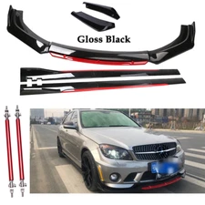 For Mercedes-Benz Glossy Black Strut Rod Front Bumper Lip Spoiler Splitter