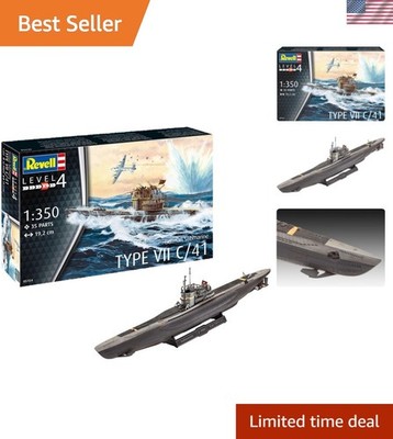 Detailed German Submarine Type VII C/41 Plastic Model Kit with Decals, 35 Pieces