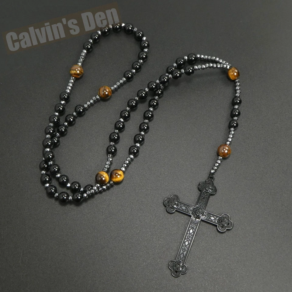 Large Gothic Punk Cross Pendant Tiger Eye Black Onyx Beads Rosary Necklace Men - Image 2 of 4
