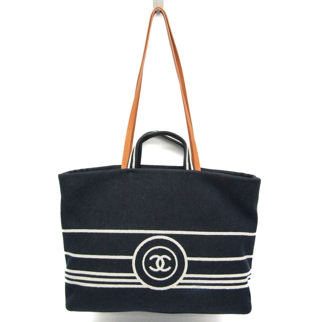CHANEL Coco Ladies Denim Leather Tote Handbag in Brown Navy White  