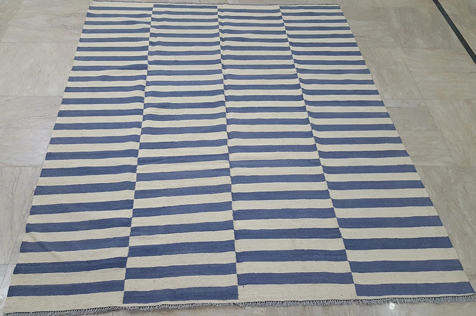 Striped Hand knotted kilim Dhurrie Rug Color Blue and Beige/Off-White Carpet Rug