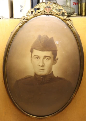Antique Bubble Glass Metal Frame Picture WW1 Soldier Brass Oval American