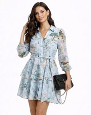 Lipsy Blue Floral Shirt Dress Size 16 Long Sleeve Occasion Party Ruffle Birds