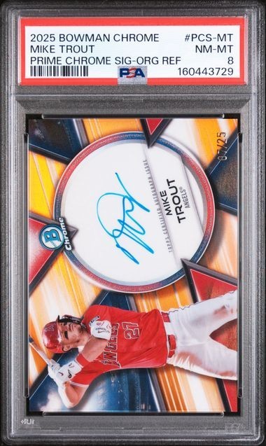 2025 Bowman Chrome Mike Trout Prime Chrome Signatures Orange Auto 7/25 PSA 8