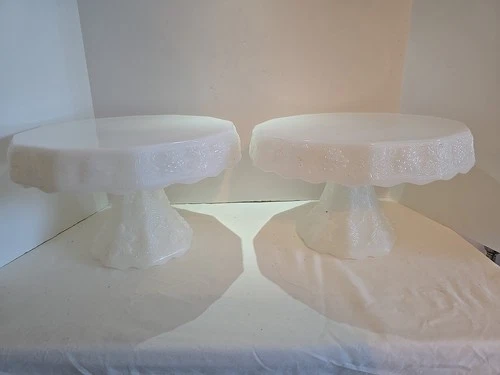 2 Vtg Anchor Hocking Milk Glass Skirted Grapes Round Cake Stand 10”D