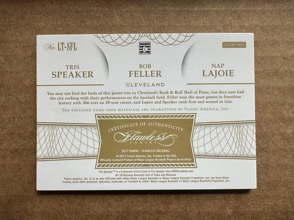 🔥🔥2017 FLAWLESS NAP LAJOIE TRIS SPEAKER BOB FELLER JERSEY BAT MATERIAL RELIC - Image 2 of 2