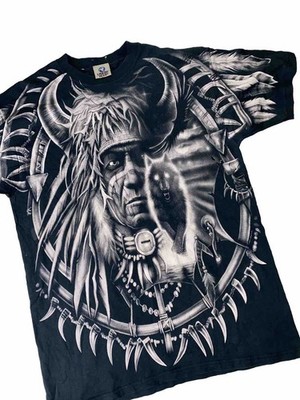 Wolf Eagle Dreamcatcher Liquid Blue VTG AOP Tee Native American Chief Biker M/L