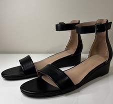 Aerosoles Black Leather Strappy Wedge Sandals Ankle Strap Buckle Rubber Outsole