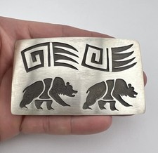 Vintage Navajo Sterling Silver Bear Claw Tribal Overlay Belt Buckle 3.5"- 46.3g