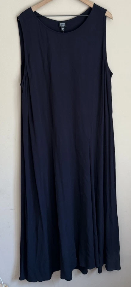 Eileen Fisher 连衣裙 Maxi 皱人造丝背心黑色女式 2X 码全新全新带标签 — 第 2/4 张图片