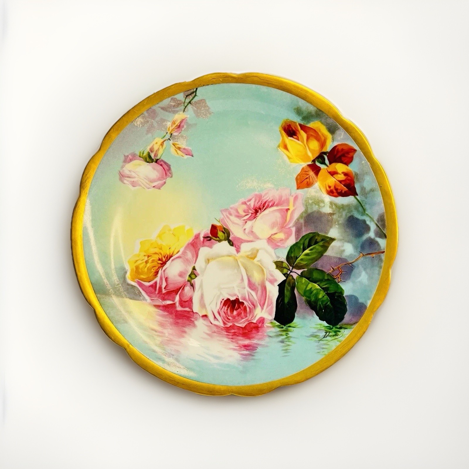 Superb Coronet Limoges France Duval Hand Painted Reflecting Water & Roses Gilt