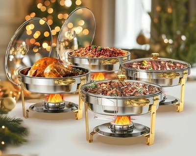 Warmounts Chafing Dish Buffet Set, Glass Lid 5QT 4 Pack Gold Acceent Stainless