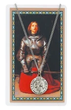 St Joan of Arc Pewter Medal with 18in Chain and Laminated Holy Card Set