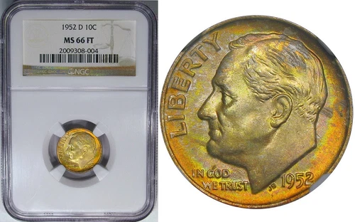1952-D 10C NGC MS66FT ROOSEVELT ~ GORGEOUS NEON OBV COLOR!