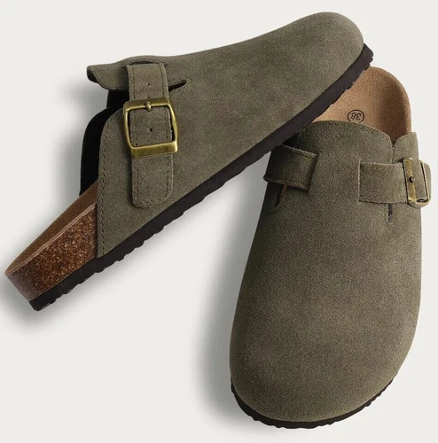 Clogs Hausschuhe Kork Fußbett Sandalen Wildleder Pantoletten Rutschen Berufssch - Bild 14 von 26