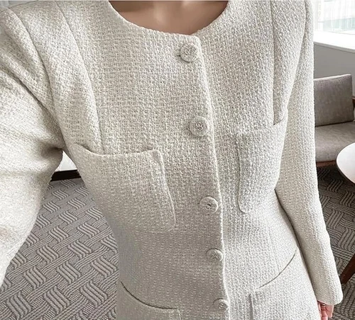 Women Tweed Dress Long Sleeve Single Breast Elegant Long Tweed Lady Blazer Dress - Picture 4 of 28
