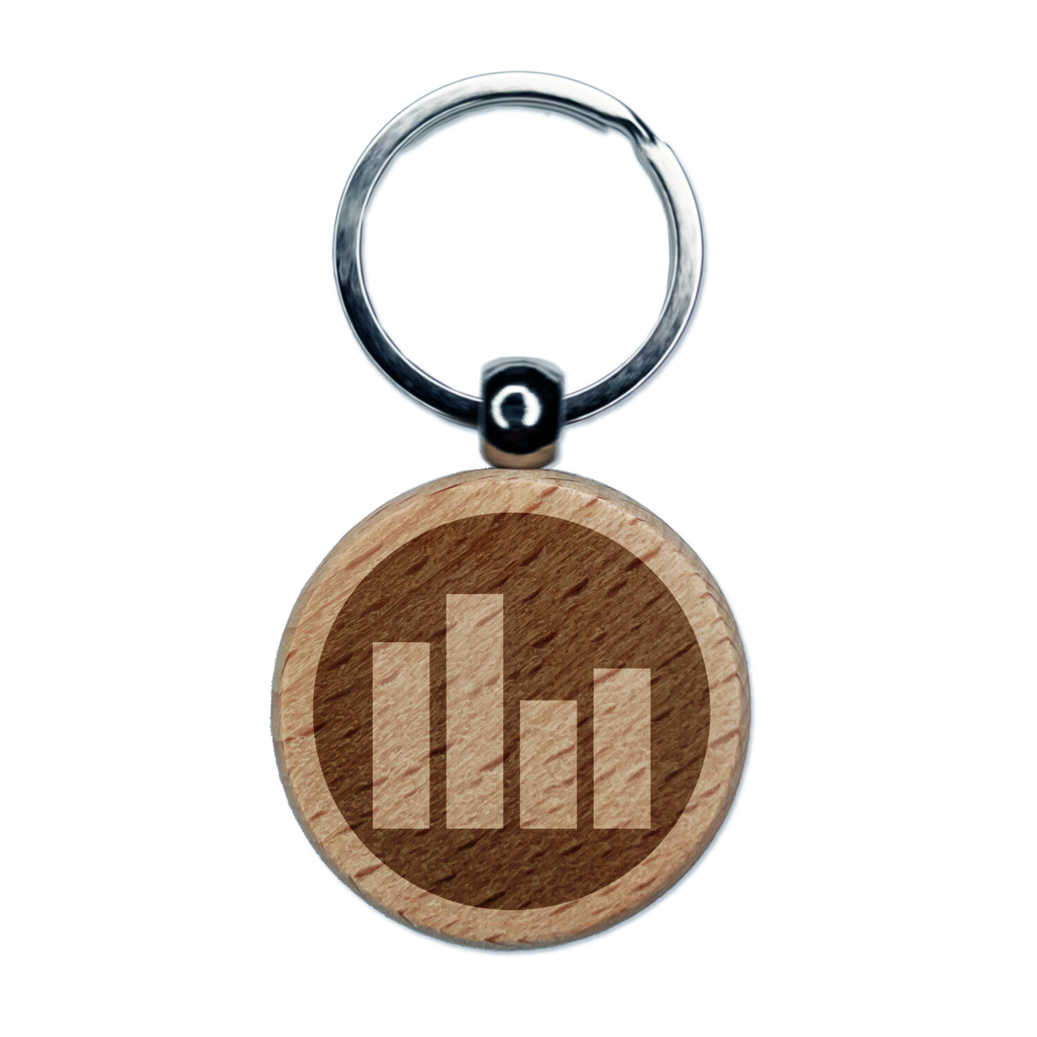 Bar Graph Icon in Circle Engraved Wood Round Keychain Tag Charm
