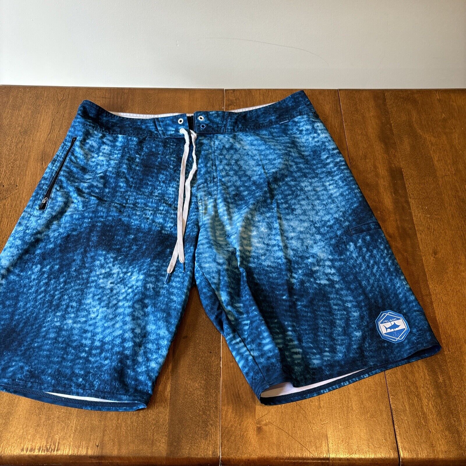 Pelagic Argonaut Board Shorts 38 Blue Pocket Logo Fishing Swim Trunks Sharkskin*